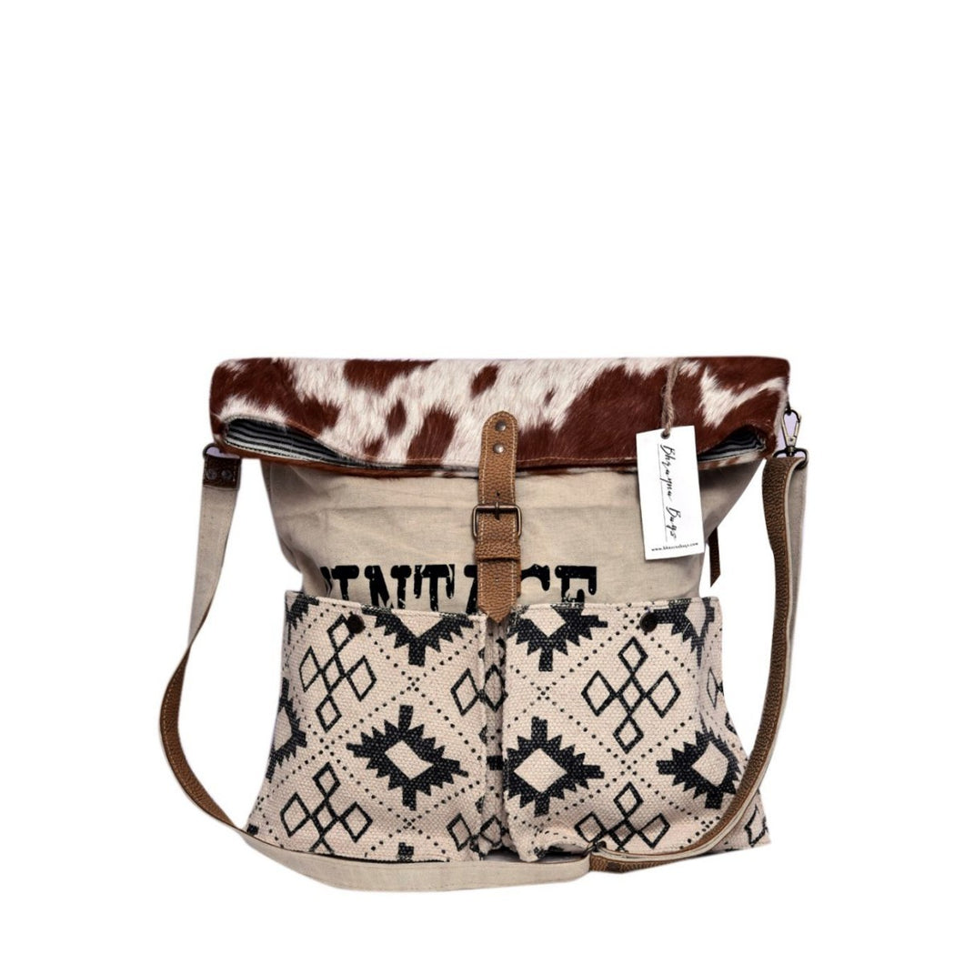 Half Vintage Print with Hair on Flap Shoulder Bag