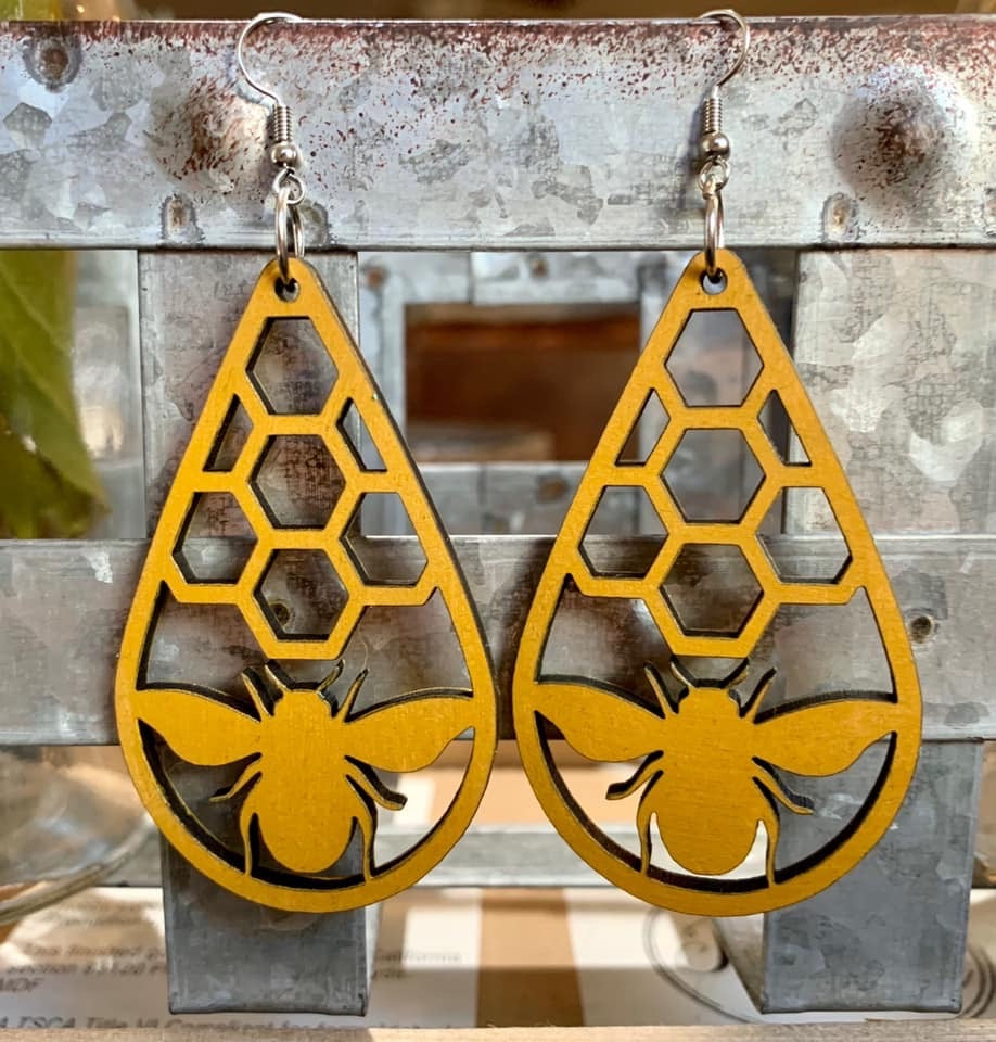 Mustard Bee Wood Earrings