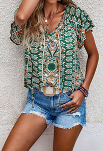 V Neck Short Sleeve Print Top