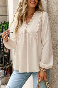 Dot Ruffle V Neck Top