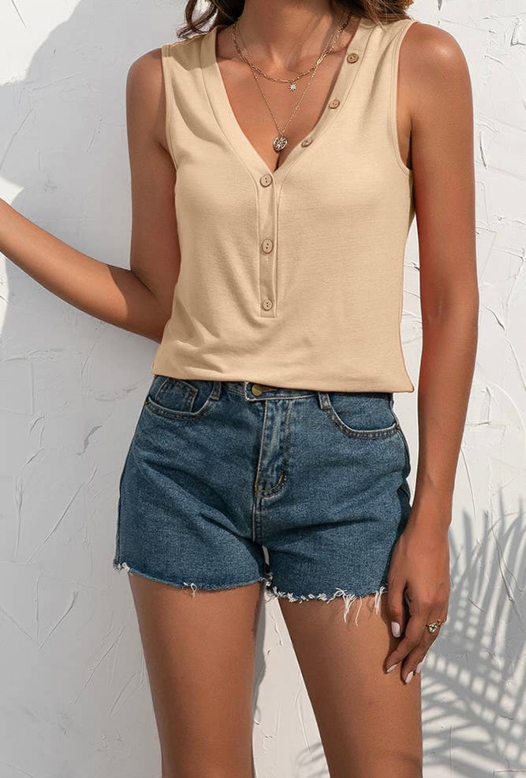 Button Down V-Neck Tank Beige